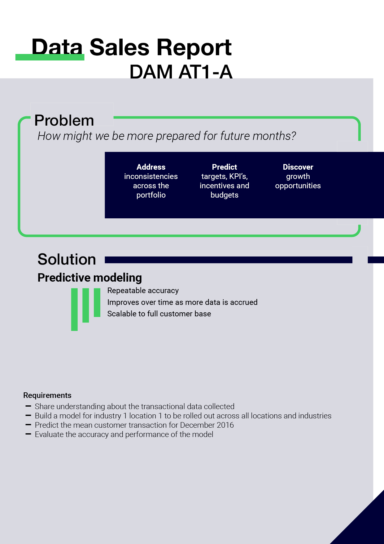 Report Page 1, problems, solutions, predictive modelling